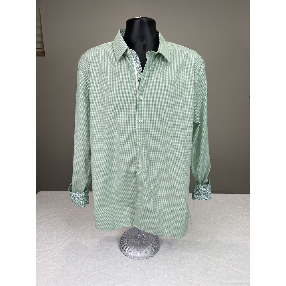 Monza Rosso Milano Shirt‎ Men XL Green Gingham Button Front L/S Flip Cuff